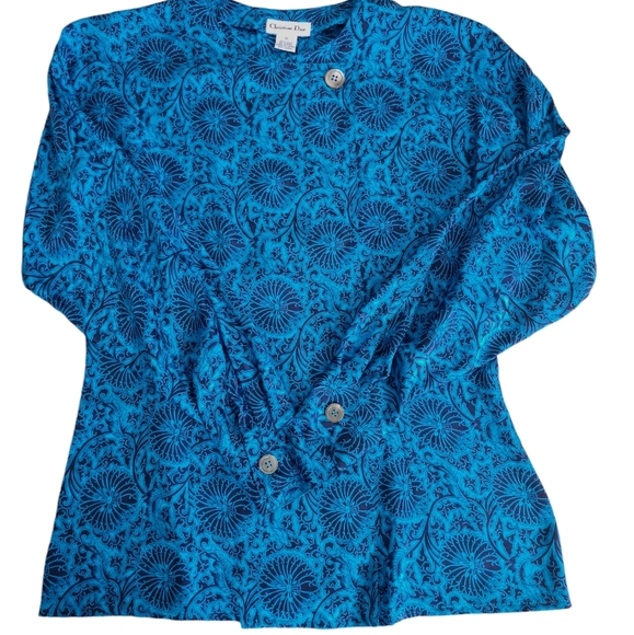 Vintage Christian Dior 100% Silk Blouse/Silk Shirt Top Azure Blue Black 6 - Picture 13 of 16